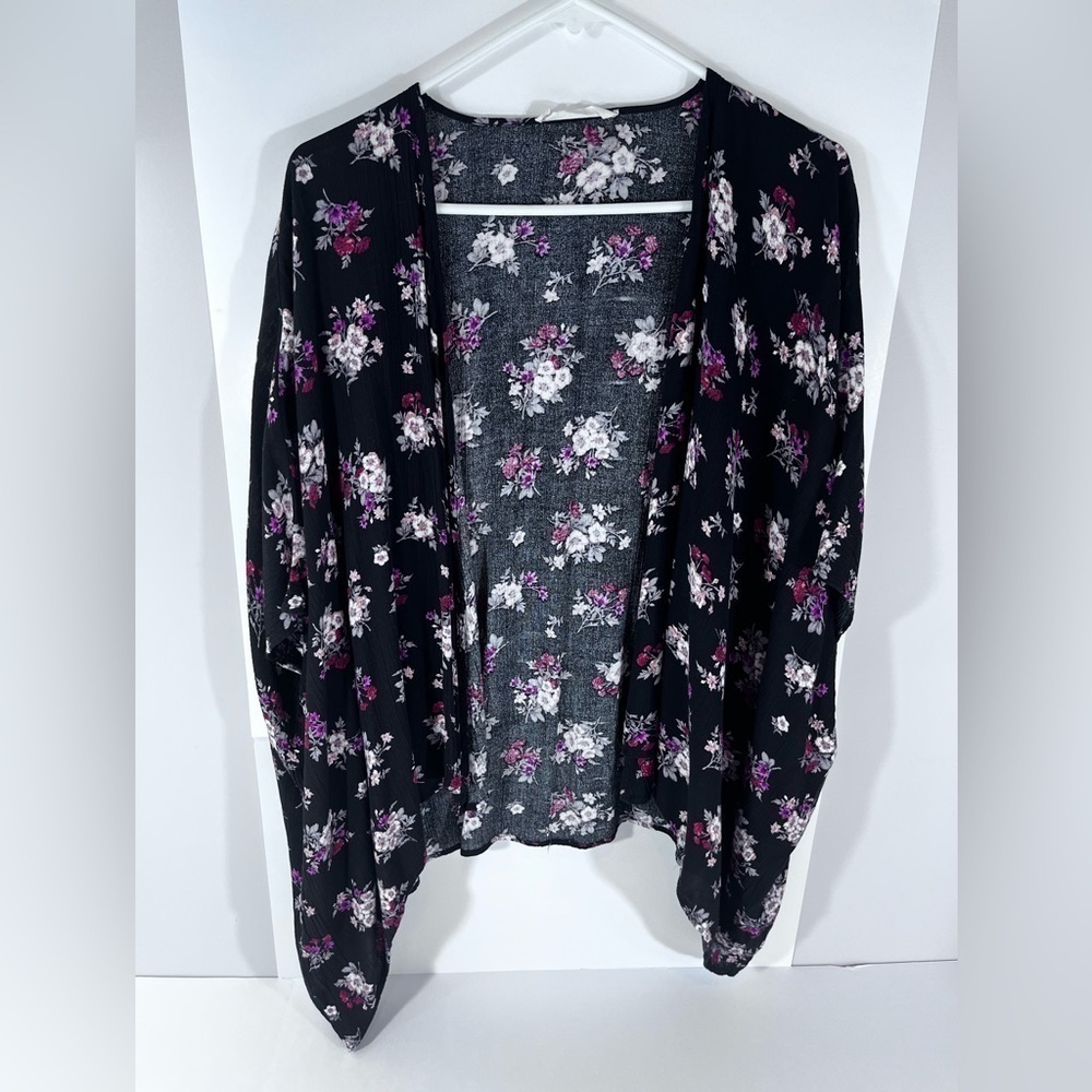 American Threads Black Micro Floral Kimono One size